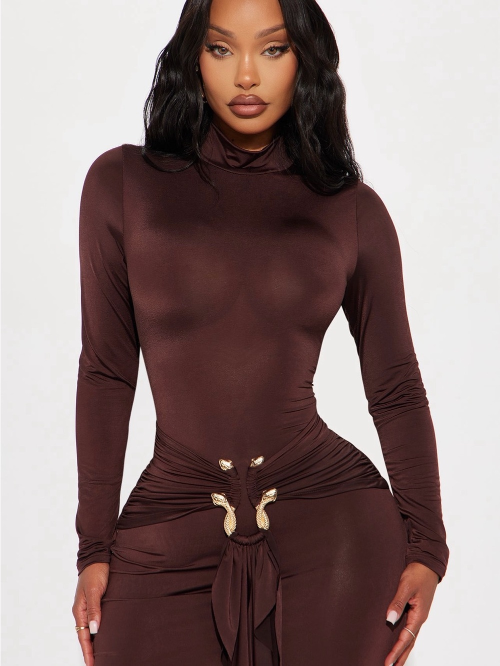 Fashion Nova Brown Long Sleeve Midi Dress with Ruched Tie Accents
